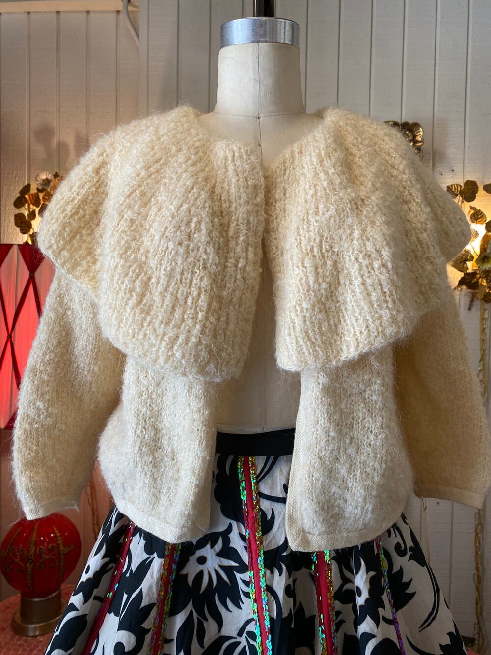 vintage 1950s cream boucle wool cardigan, shawl collar, 50s wool sweater, m/l
